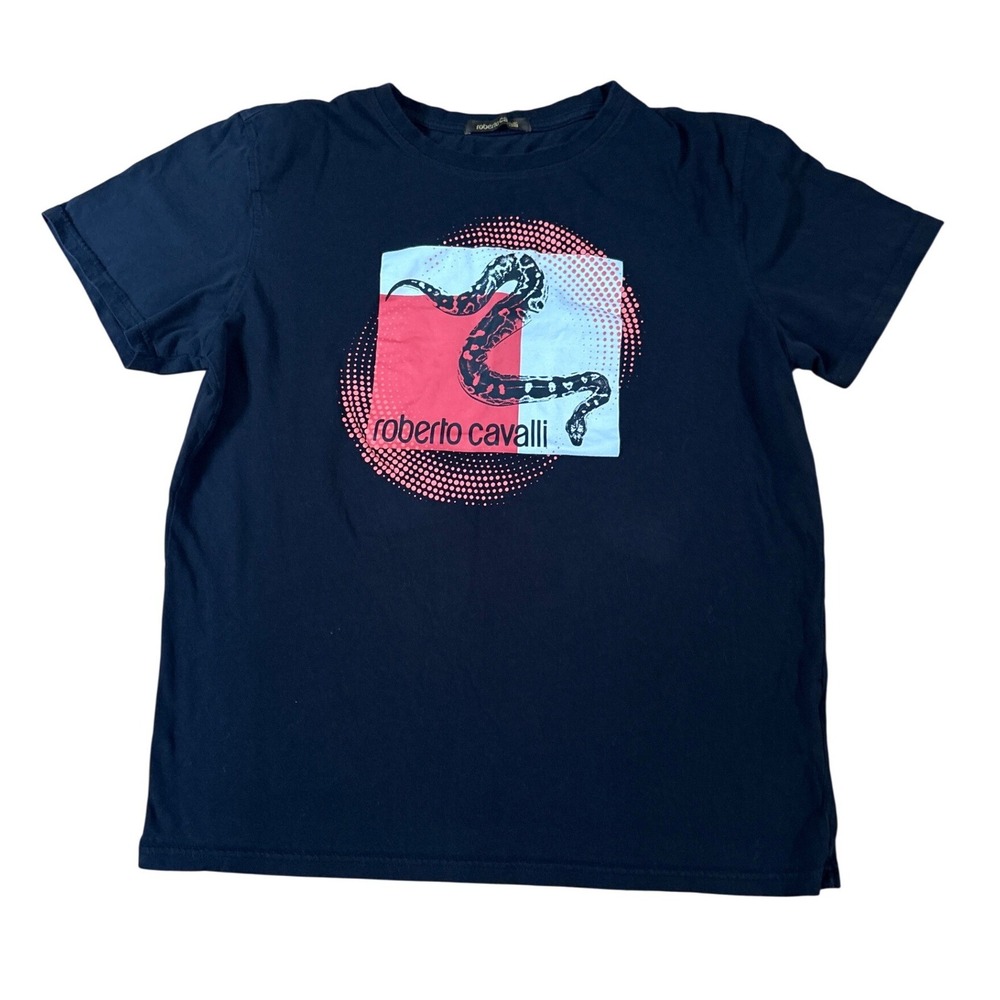 Roberto Cavalli Graphic Tee Women Black Snake Logo Designer SIZE XL